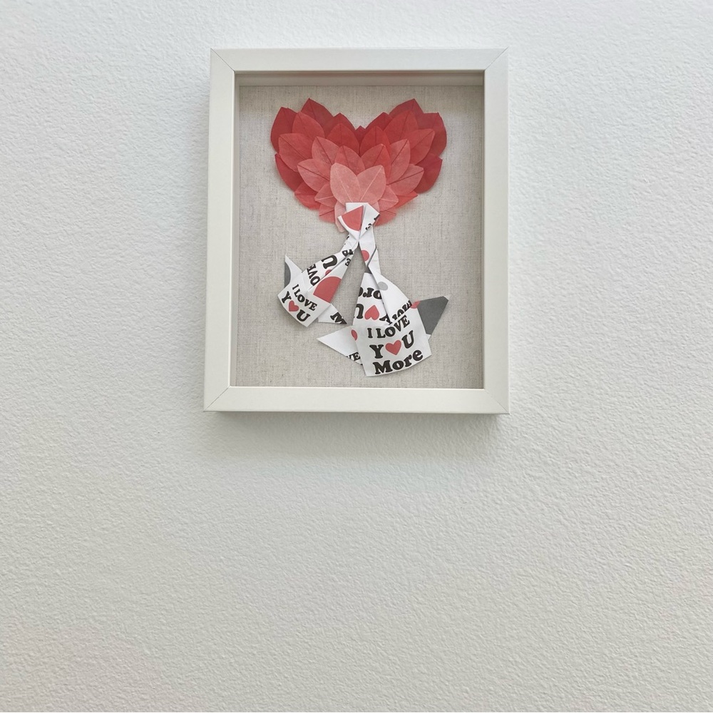 NEW Handmade Origami Koi Fish Love Ombré Heart Wooden Linen Shadow Box 9x11 inch - Picture 7 of 8